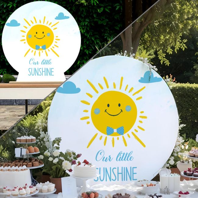 Wooden round sign with cheerful sun boy, blue bow tie. Perfect for Baptism candybar decoration in a garden.