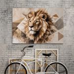 Lion canvas print, geometric polygonal style. Modern animal art on a brick wall.
