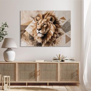 Lion canvas print, geometric polygonal style. Modern animal art on a brick wall. 2