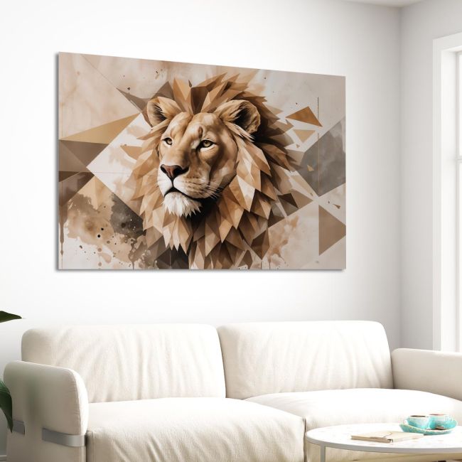 Geometric lion canvas art, warm earthy tones. Modern animal print on white living room wall above sofa.