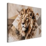 Lion's gaze geometric abstract canvas art. Polygonal lion head, earthy tones, watercolor textured canvas. Animal theme.