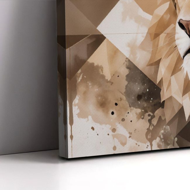 Canvas print: Geometric lion's gaze, abstract style. Leaning against a gray wall.