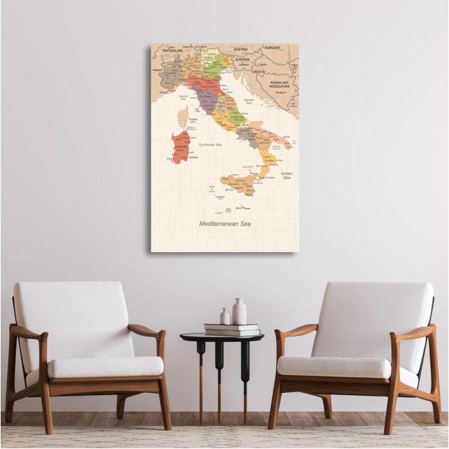 Vintage Italy map canvas, displayed on white wall in modern living room.