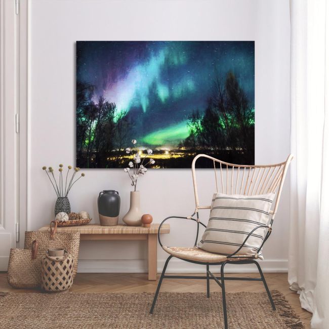 Canvas print, Northern lights over city