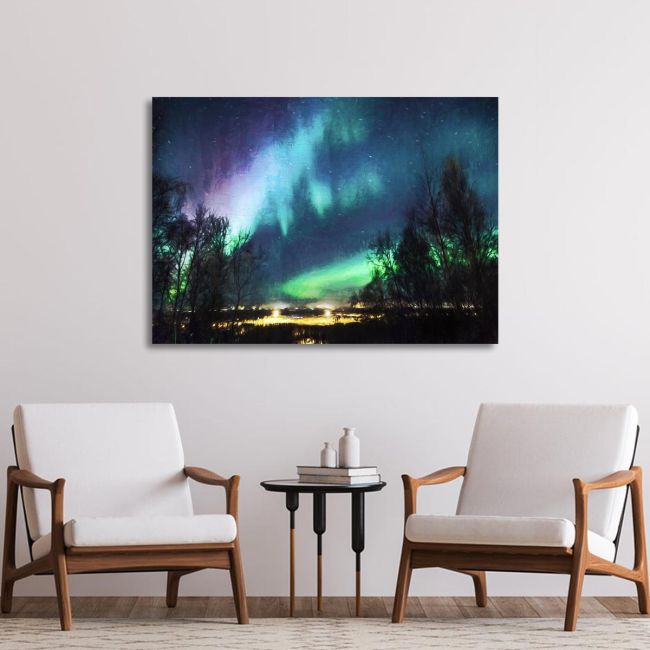 Canvas print, Northern lights over city