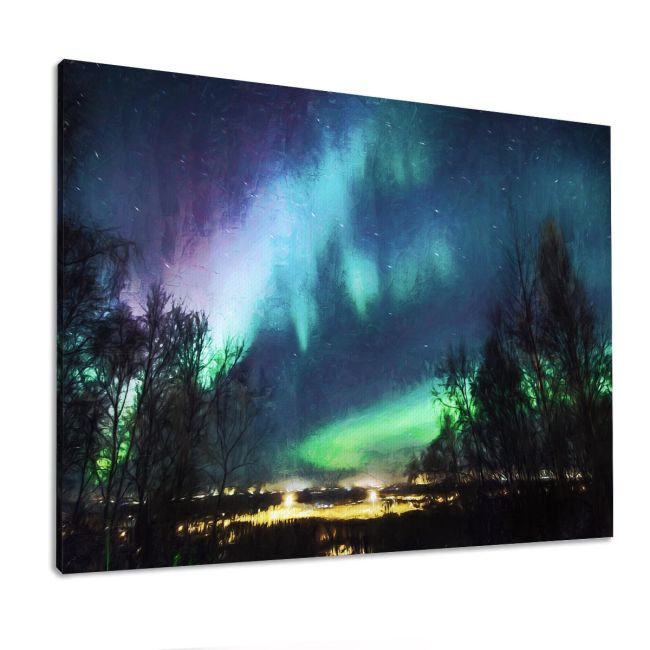 Canvas print, Northern lights over city