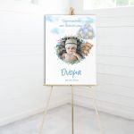 Canvas print welcome to my baptism, Teddy bear with blue balloons and photo