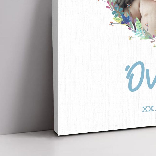 Canvas print welcome to my baptism, Teddy bear with blue balloons and photo