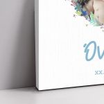 Canvas print welcome to my baptism, Teddy bear with blue balloons and photo