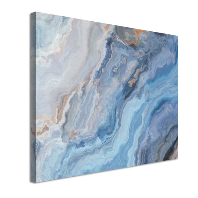 Abstract blue marble texture canvas print with swirls of blue grey and copper tones., minimal style