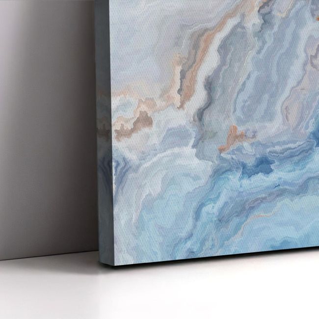 Abstract blue marble texture canvas print with brown details. Leaning against wall., minimal style