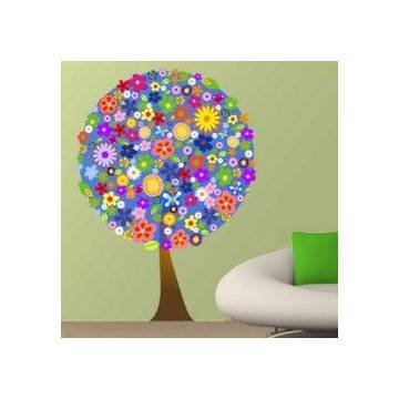 Αυτοκόλλητο τοίχου Δέντρο  από λουλούδια, μπλέ φόντο