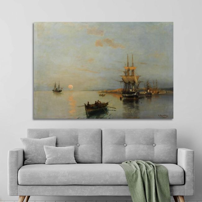 Canvas print Boats and anchored ships, Volanakis