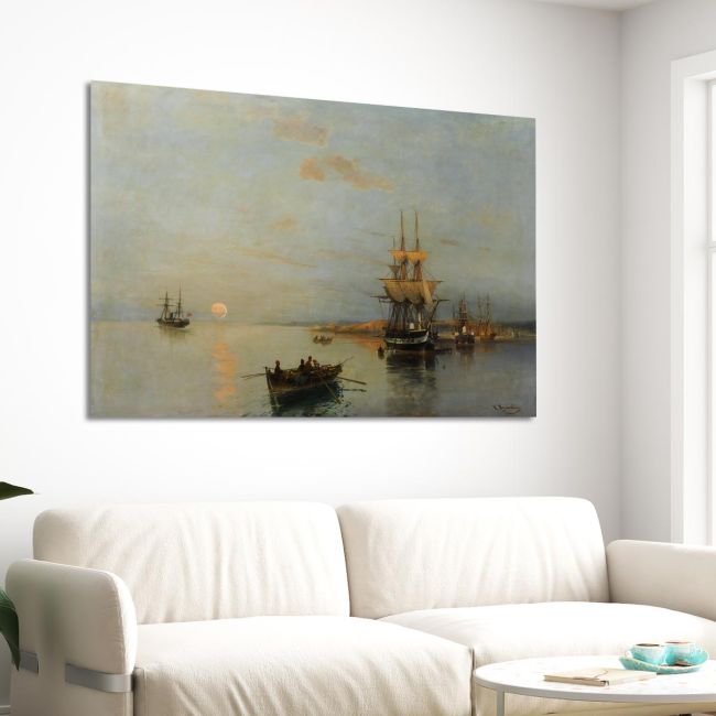 Canvas print Boats and anchored ships, Volanakis