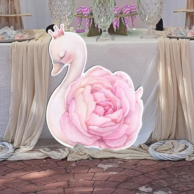 Wooden Christening Figurine Swan Large Pink Flower