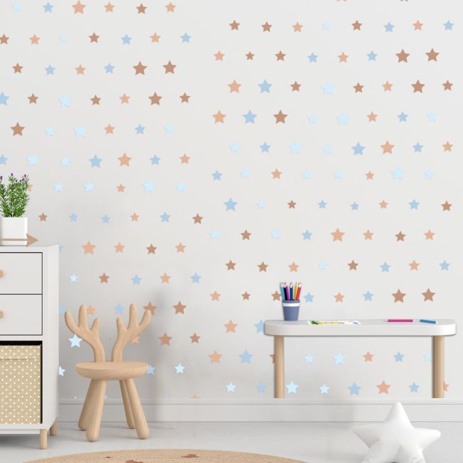 Brown/blue star wall stickers in a child's room. Material: vinyl. Modern, playful style.