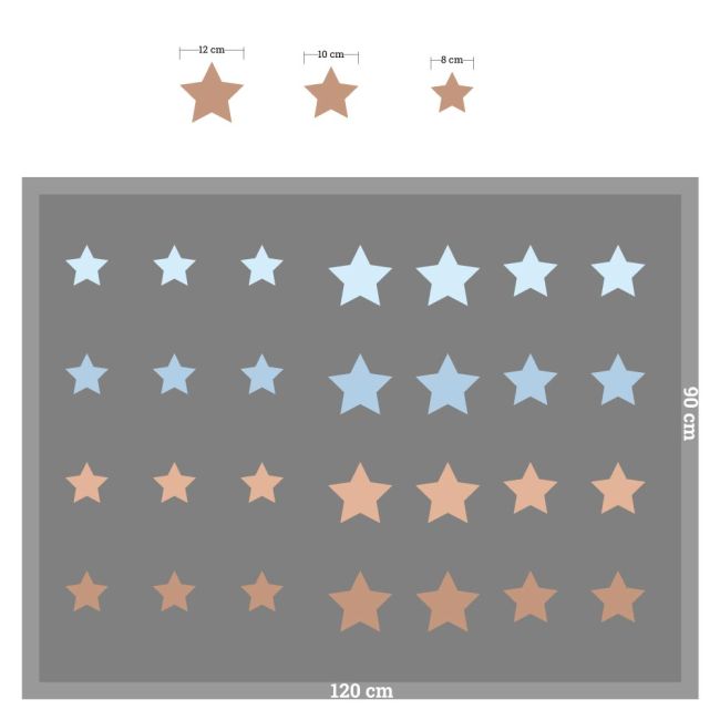 Star wall stickers, brown/blue shades, assorted sizes. Minimalist arrangement displayed on a grey background.
