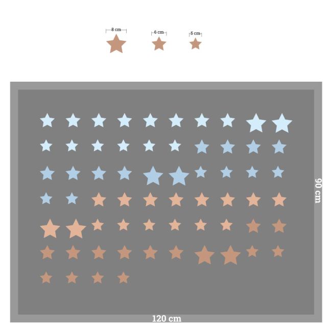 Brown & light blue star wall stickers in various sizes, arranged in rows on a grey background.