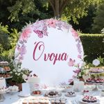 Στρογγυλή ξύλινη πινακίδα candy bar με ροζ λουλούδια και πεταλούδες, τοποθετημένη σε τραπέζι γλυκών σε κήπο.