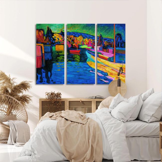 Πίνακας σε καμβά Autumn landscape with boats, Kandinsky W, τρίπτυχος