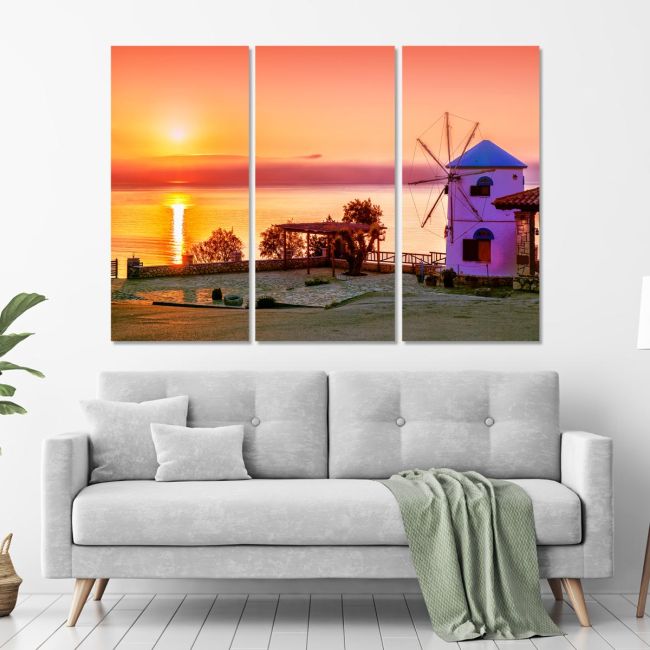 Πίνακας σε καμβά Ζάκυνθος, Traditional windmill against sunrise, Zakynthos, τρίπτυχος