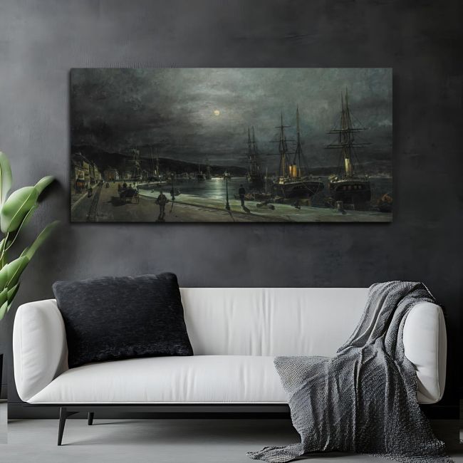 Canvas print Volos's harbour by night, Volanakis, reproduction