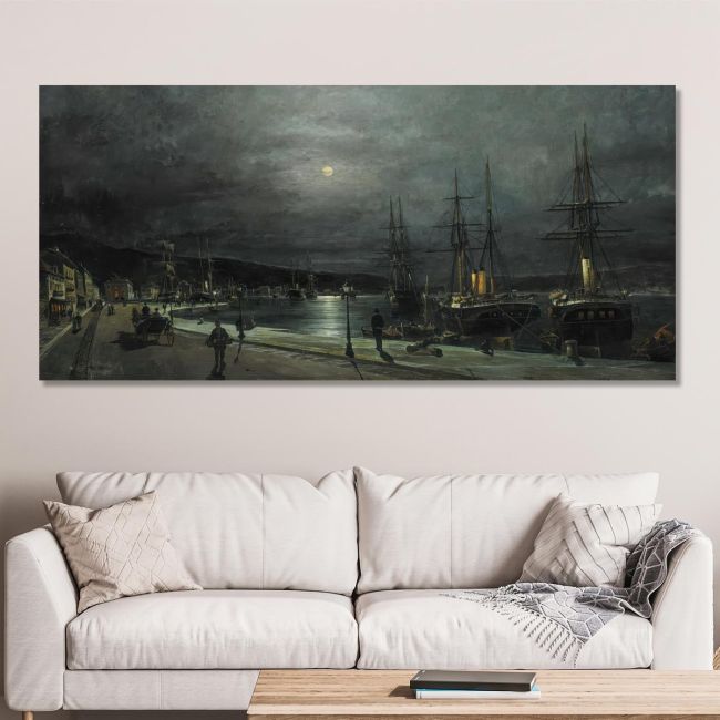 Canvas print Volos's harbour by night, Volanakis, reproduction