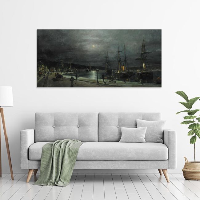 Canvas print Volos's harbour by night, Volanakis, reproduction
