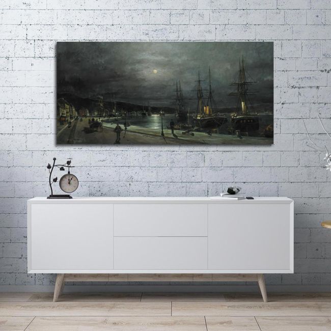 Canvas print Volos's harbour by night, Volanakis, reproduction