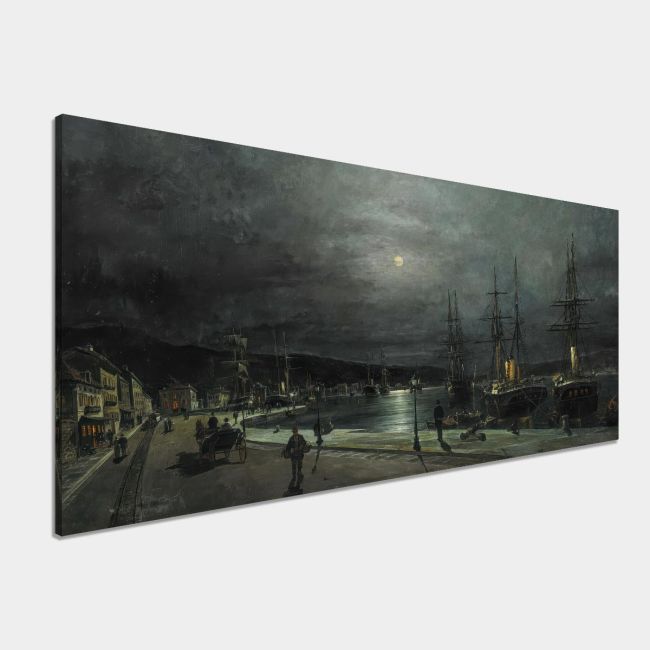 Canvas print Volos's harbour by night, Volanakis, reproduction