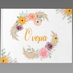 Λευκό βιβλίο ευχών, boho λουλούδια κίτρινα, μωβ, pampas grass. Εξώφυλλο χαρτί.