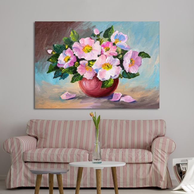 Canvas print Spring pink wild roses in a vase