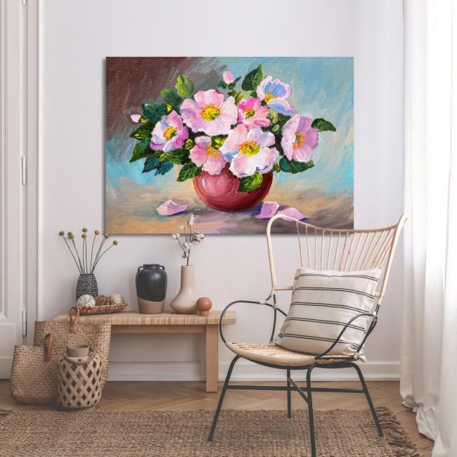 Πίνακας σε καμβά Τριαντάφυλλα, Spring pink wild roses in a vase