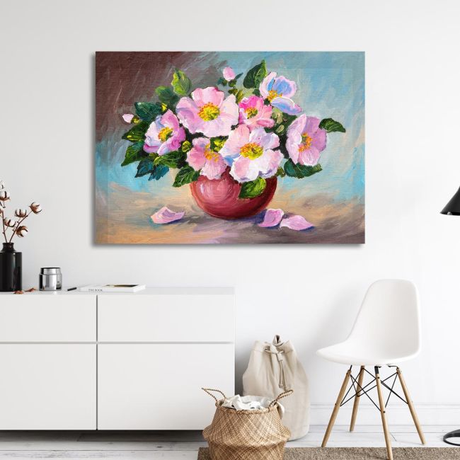 Πίνακας σε καμβά Τριαντάφυλλα, Spring pink wild roses in a vase