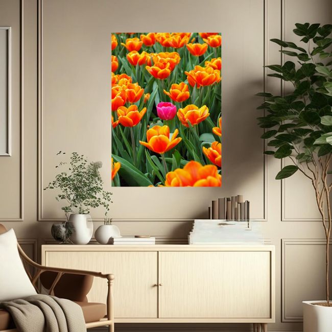 Canvas print Pink tulip between orange