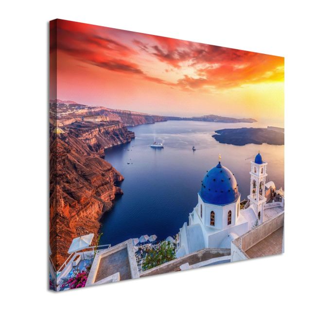 Canvas art: Santorini sunset with blue dome church, caldera, and vibrant red sky. Sea, islands theme.