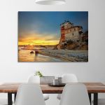 Canvas print of Ouranoupoli Tower, Halkidiki, at sunset. Coastal landscape art on wall.