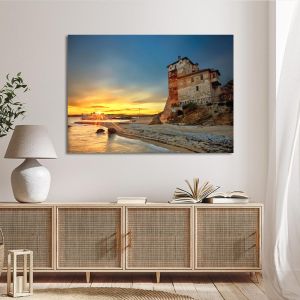 Canvas print of Ouranoupoli Tower, Halkidiki, at sunset. Coastal landscape art on wall. 2
