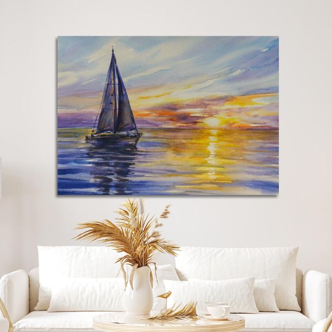 Πίνακας σε καμβά Προσφορά 50x35 cm Καράβι ηλιοβασίλεμα, Yacht sailing against sunset