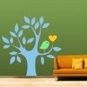 Αυτοκόλλητο τοίχου Δέντρο, καρδιά και πουλί, γαλάζιο
