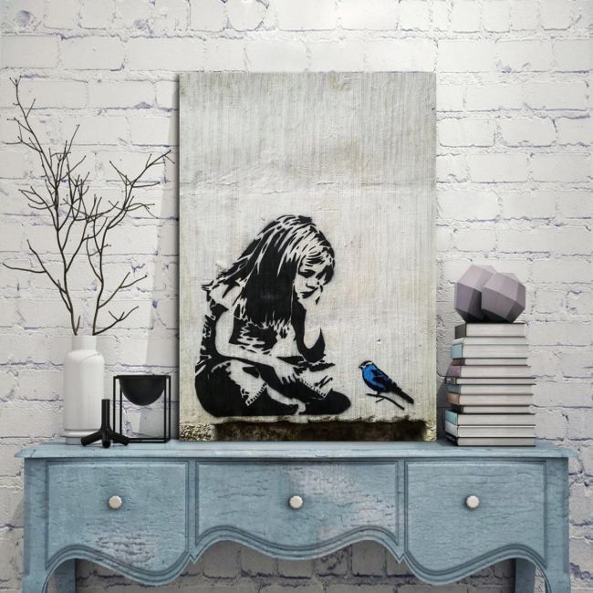 Canvas print Girl with blue bird, street art