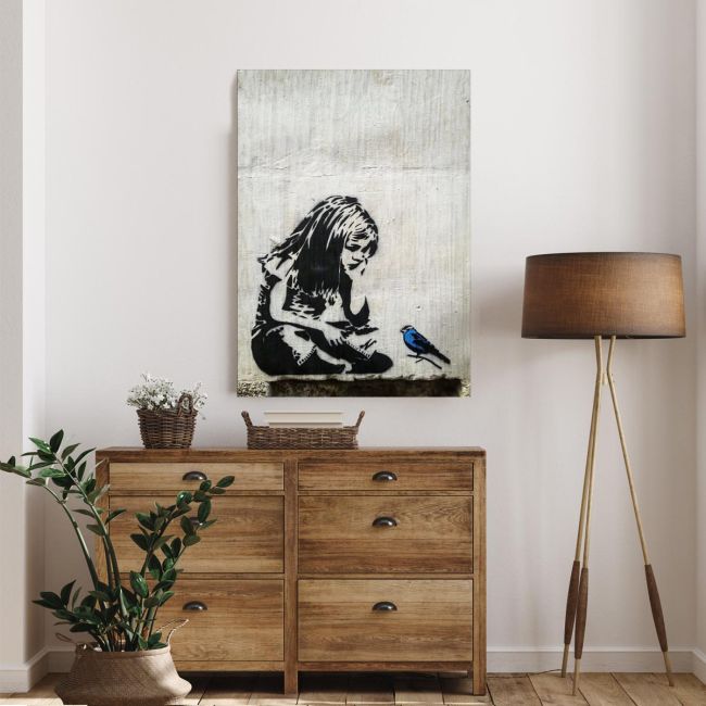 Canvas print Girl with blue bird, street art