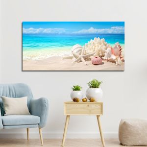 Πίνακας σε καμβά Seashells on sand beach, πανοραμικός