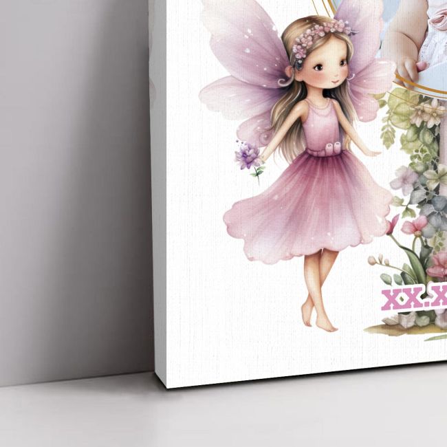 Christening canvas print, corner detail with a fairy in watercolor style.