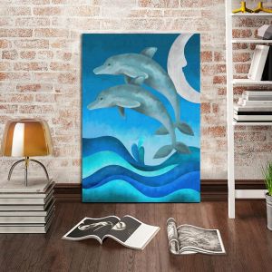 Canvas print Dolphins at moon, The jump of the dolphin II