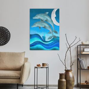 Canvas print Dolphins at moon, The jump of the dolphin II 2