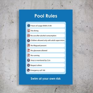 Plexiglass acrylic sign, pool rules vertical 2