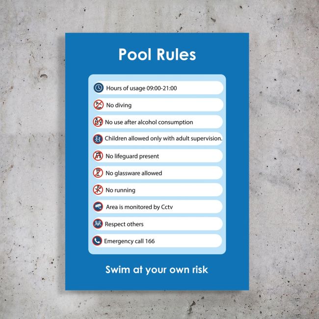 Plexiglass acrylic sign, pool rules vertical