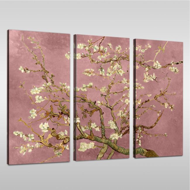 Triptych canvas print of Van Gogh's Almond Blossom with white flowers against a pink, textured background.