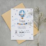 Baptism invitation Watercolor balloon with name blue 14x19, minimal style